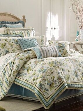 Croscill Corfu Floral Stripe Comforter Set in Blue, Green and Cream King Size